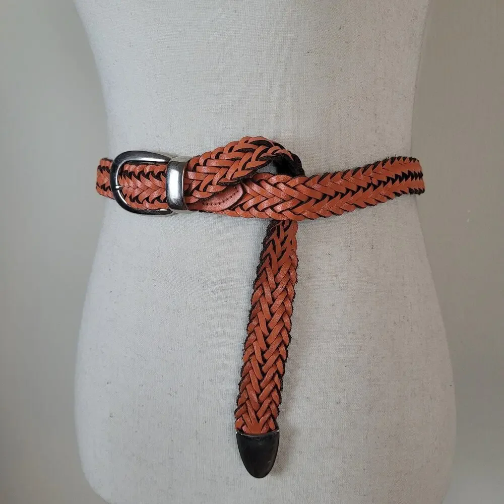 VTG Capezio Belt 2XL Orange Leather Braided Woven Western Boho Minimalist 90s